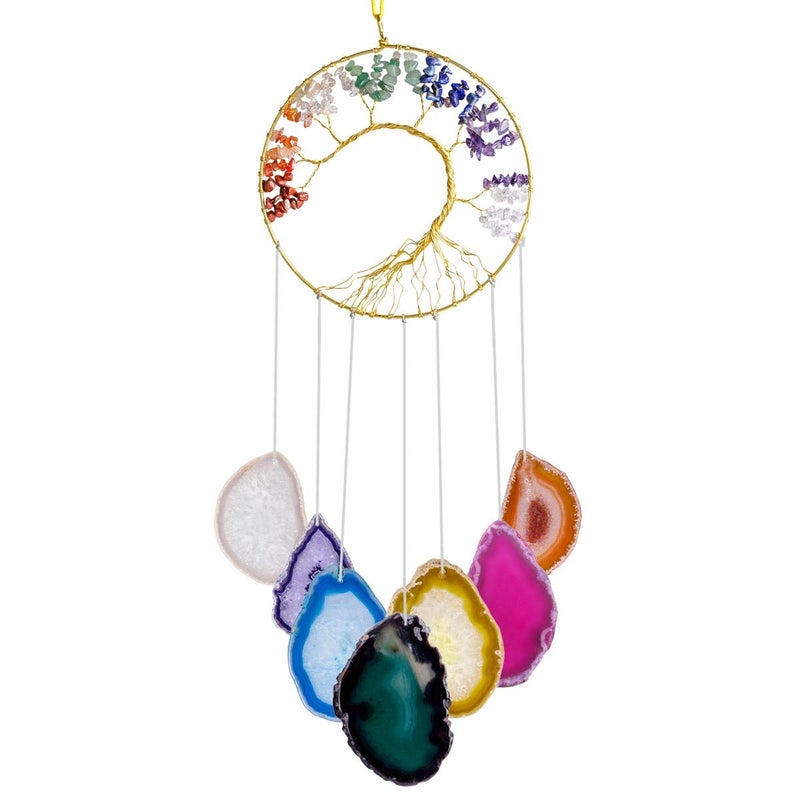 rockcloud Healing Crystals Tree of Life Wall Hanger Agate Slices Meditation Hanging Ornament Window Ornament Home Decor, Multicolor - Image 1